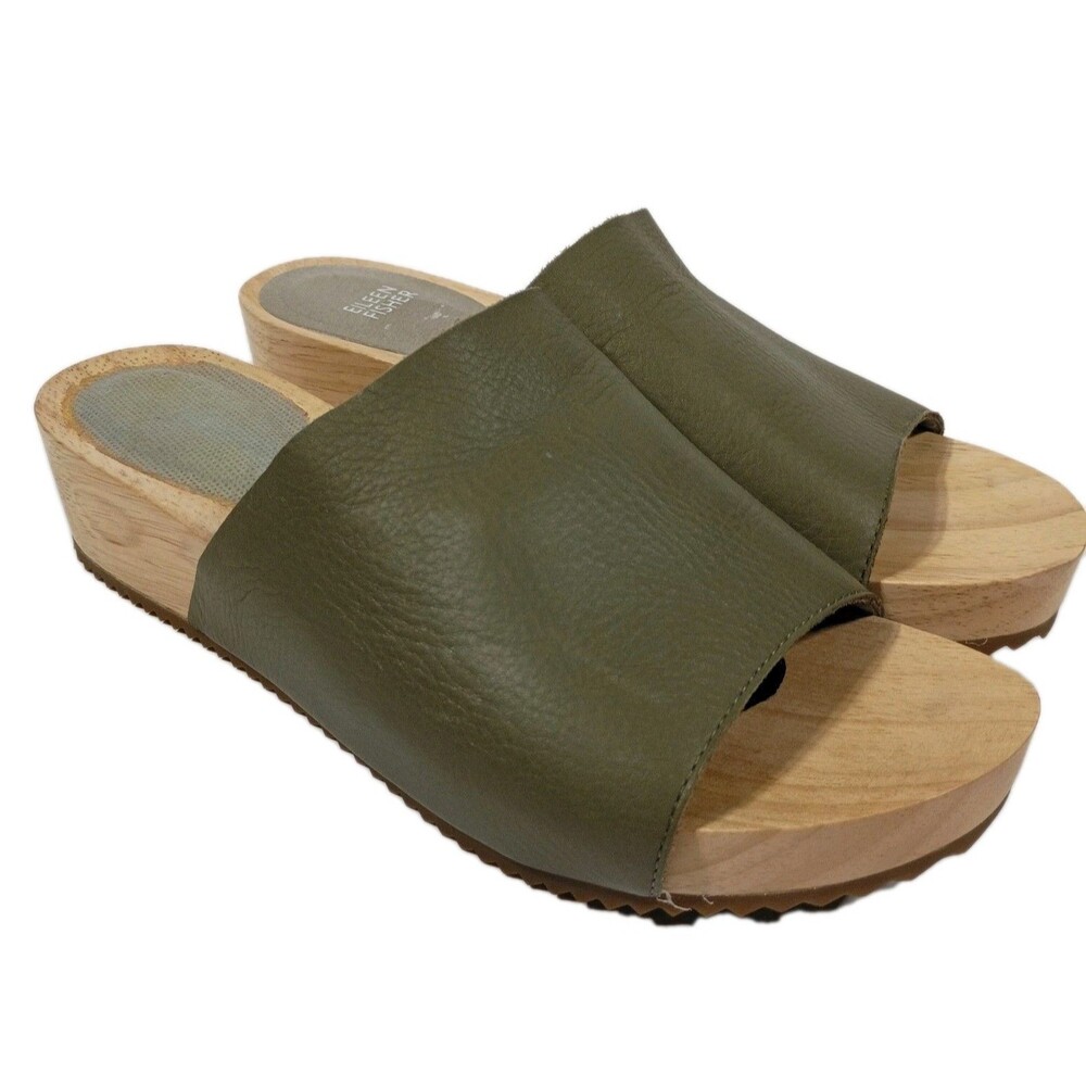 Eileen Fisher Womens Minnie Olive Green Leather Wood Platform Slide Shoes Size 8